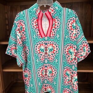 Mint Geometric Patterned Women's Blouse - Teal and Red